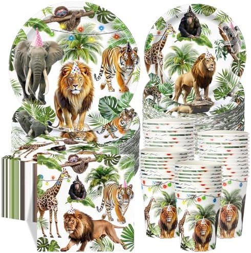 Pickmesh 250 Pcs Jungle Birthday Party Supplies Decorations Serve 50 Safari Animals Disposable Paper Plates Napkins and Cups Jungle Wild Animals Zoo Safari Baby Shower Birthday Wedding Party Supplies by Pickmesh