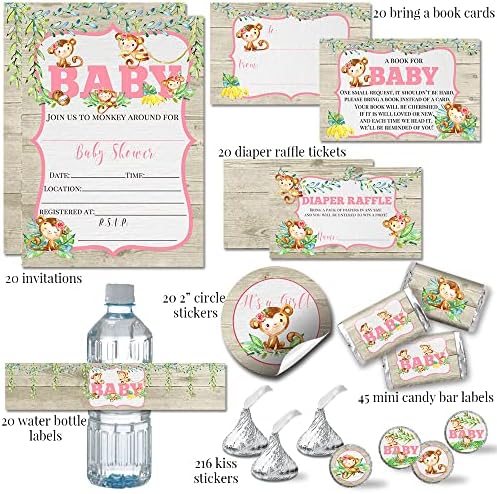 Amanda Creation Watercolor Jungle Monkeys Girl Baby Shower Party Bundle Includes 20 Invitations with Envelopes + 4 Different Sizes of Decorative Stickers, Diaper Tickets & Bring a Book Cards - Image 2
