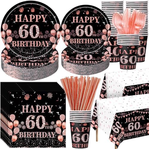 Funnymoom 452 Pcs 60th Birthday Party Decorations for Women, Black Rose Gold 60 Years Old Birthday Paper Plates Cups Napkins Tableware Set, Disposable Party Supplie for 50 Guests by Funnymoom