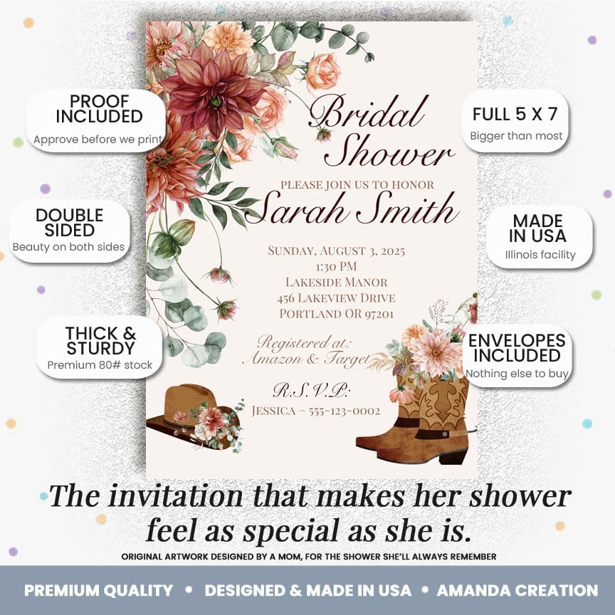 Amanda Creation Western Bridal Shower Invitations Personalized for Her, 50 5x7 Bridal Shower Invitations with Envelopes, Rustic Cowboy Boot Floral - Image 2