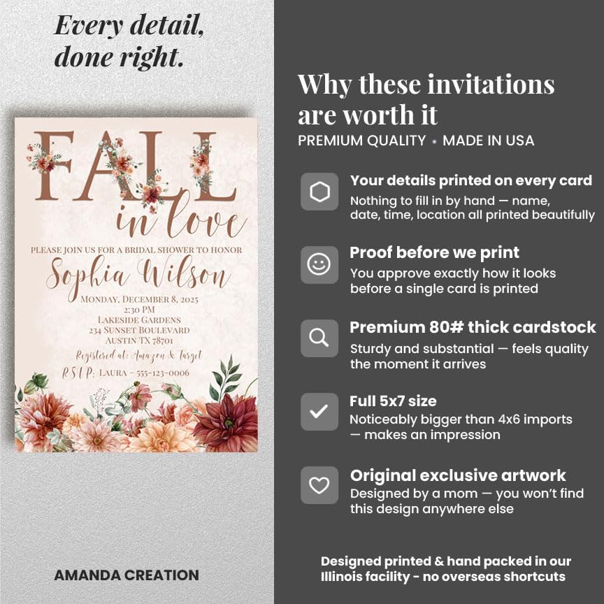 Amanda Creation Fall in Love Bridal Shower Invitations, 30 Personalized 5x7 Rustic Autumn Floral Cards with Envelopes - Image 4
