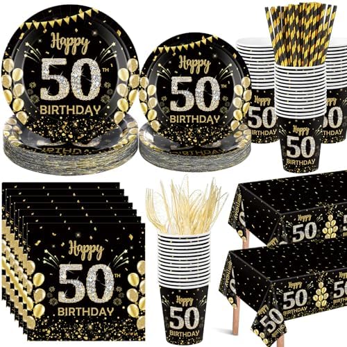Funnymoom 452 Pcs 50th Birthday Decorations for Men, Black and Gold 50th Birthday Paper Plates Cups Napkins Tablecloth Cutlery Straws for Men Women 50 Year Old Party Supplies for 50 Guests by Funnymoom