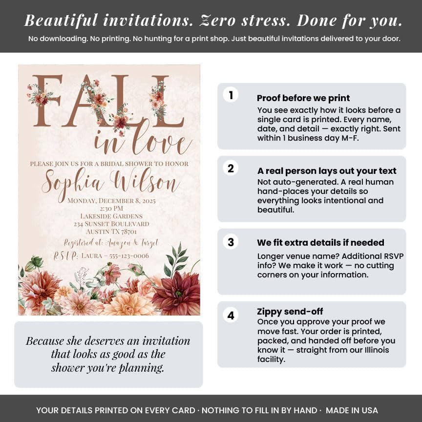 Amanda Creation Fall in Love Bridal Shower Invitations, 20 Personalized 5x7 Rustic Autumn Floral Cards with Envelopes - Image 3
