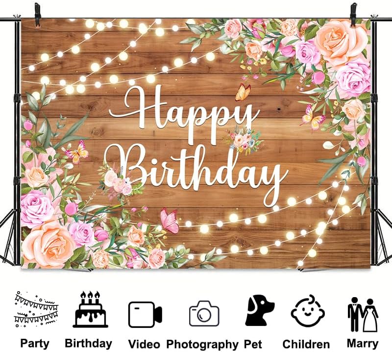 Happy Birthday Backdrop, Rustic Wooden Butterfly Glitter Lights Pink Floral Poster Party Supplies Photo Background for Women, Pink Floral Party Decoration Background for 20th 30th Women Girl 15X10ft - Image 6