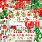 Christmas Gingerbread Gender Reveal Decorations Red Green Christmas Gender Reveal Paper Plates Napkin Tablecloth Balloons Boxes Tablecloth Backdrop Cake Topper for Xmas Baby Shower Party Decor - Image 7