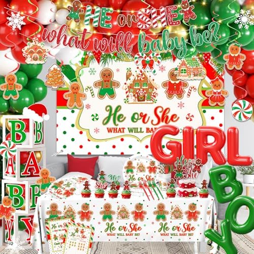 Christmas Gingerbread Gender Reveal Decorations Red Green Christmas Gender Reveal Paper Plates Napkin Tablecloth Balloons Boxes Tablecloth Backdrop Cake Topper for Xmas Baby Shower Party Decor - Image 7