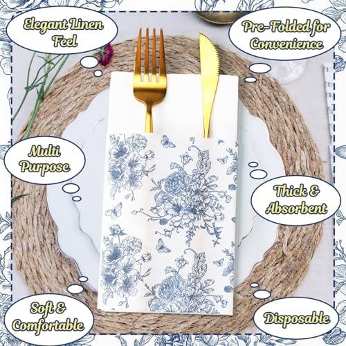 Potchen 100 Pcs Linen Feel Napkins Disposable, Something Blue Floral - Image 5