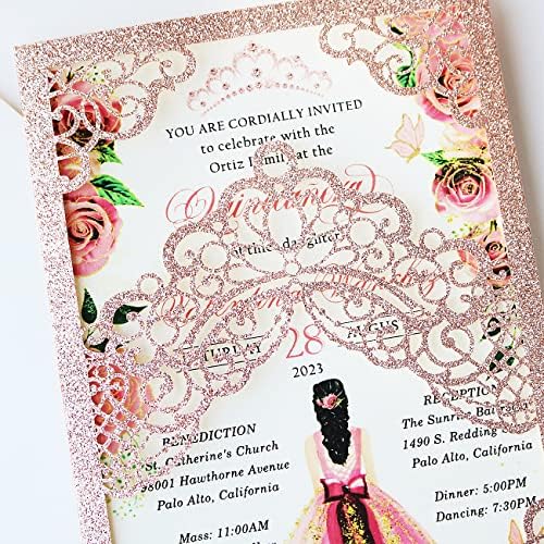 Hosmsua 50PCS Personalized Rose Gold Glitter Quinceanera Invitations Kit 5.1x7.3 Inch Laser Cut Floral Crown Quinceanera Invitation Cards with Envelopes for Birthday Quince Anos Invitation - Image 5