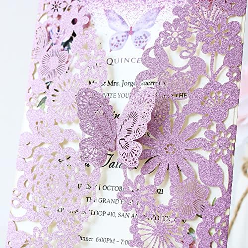 Hosmsua 50PCS Purple Butterfly Quinceanera Invitation Card Kit 5.1x7.3'' Laser Cut Flora Butterfly Invitation Pocket with Envelopes for Bridal Shower XV Anos Wedding Invitation (Purple Glitter) - Image 5