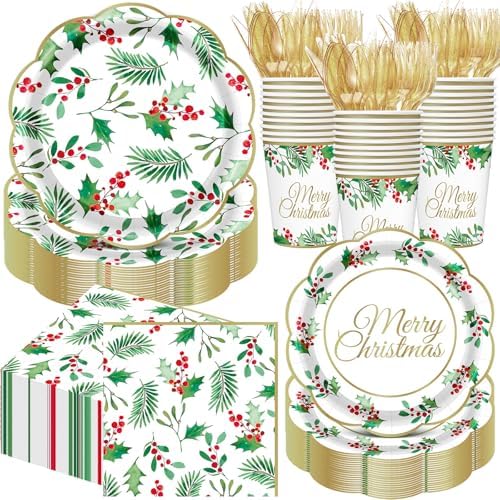 Pickmesh 400 Pcs Christmas Party Supplies Paper Plates and Napkins Serve 50 by Pickmesh