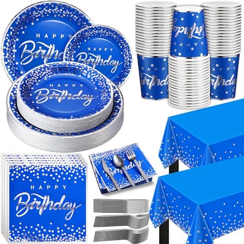 352 Pcs Blue and Silver Birthday Party Tableware Set for 50 Guests Silver Dot Paper Plates Cups Napkins Plastic Tablecloths Forks Knives Spoons Blue Party Supplies for Birthday Wedding Decorations by Nosiny