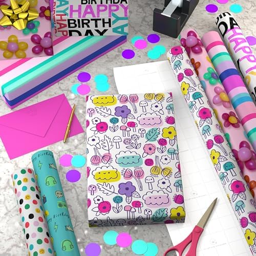 Hallmark Birthday Wrapping Paper Rolls, 6 Rolls (Flowers, Stripes, Dots) - Image 2