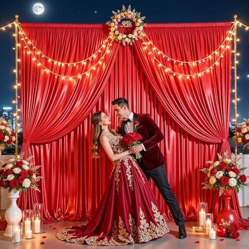 Red Satin Backdrop Curtains 6 Panels - Glitter Photo Drapes for Baby Shower, 30x10FT Shimmer Back Drop Cloth, Wrinkle Free for Birthday Party Prom Holiday Stage Background - Image 3