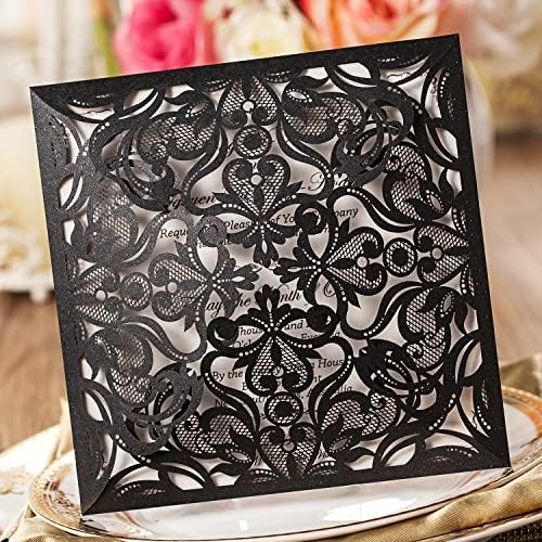Hosmsua 50PCS Personalized Black Wedding invitation with Envelopes, 6.3x6.3 Laser Cut Hollow Lace Rose Invitation for Wedding Engagement Birthday Invite (Customized Printed) - Image 3