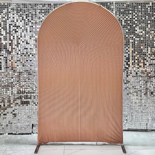 Double-Sided Arch Frame Fabric Cover Beige White Ripples Arched Panel Stand Cover for Wedding Birthday Baby Shower Parties Decoration (Brown-HP465,4X7ft) - Image 2