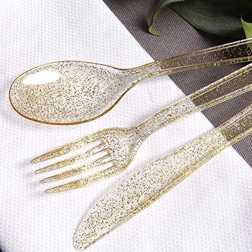 WDF 360 Gold Plastic Silverware - Disposable Gold Glitter Cutlery - Plastic Silverware inluding 120Forks, 120 Spoons, 120 Knives for Wedding/Baby Shower/Birthday - Image 4