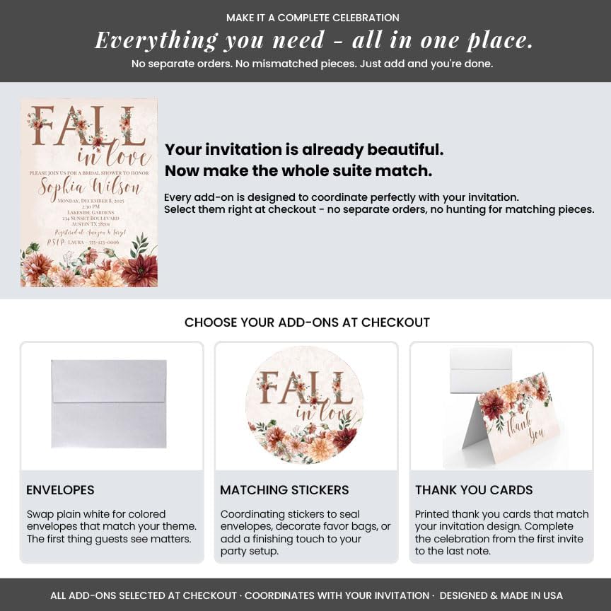 Amanda Creation Fall in Love Bridal Shower Invitations, 30 Personalized 5x7 Rustic Autumn Floral Cards with Envelopes - Image 6
