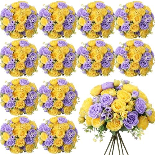 Geosar 16 Bundles Artificial Peonies Flowers,Purple, Yellow by Geosar