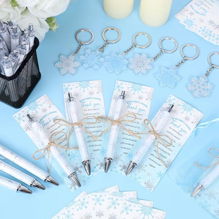 145 Pieces Little Snowflake Baby Shower Favors for Guest Blue Boy Ballpoint Pens and Keychains Gifts Bulk Winter Retractable Baby Shower Pens Gender Reveal Thank You Cards Souvenirs Prizes - Image 4