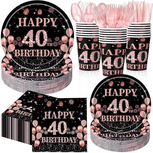 Pickmesh 400 Pcs 40th Birthday Party Supplies, Black Pink Tableware Set by Pickmesh