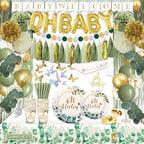 Guudmua 217 Pcs Sage Green Baby Shower Decorations, Neutral Baby Shower Decor Supplies- Disposable Dinnerware Set With Eucalyptus Leaf (25 Guest), "OH BABY" Banner, Balloon, Sash, Cake Topper by Guudmua