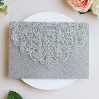 Hosmsua 50PCS Personalized Silver Wedding Invitation Pocket, 5.12 x 7.2 Laser Cut Lace Flora Invitation Pockets with Envelopes for Quinceanera Wedding Bridal Shower Quince Anos - Image 4