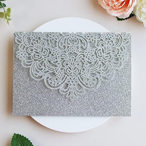 Hosmsua 50PCS Personalized Silver Wedding Invitation Pocket, 5.12 x 7.2 Laser Cut Lace Flora Invitation Pockets with Envelopes for Quinceanera Wedding Bridal Shower Quince Anos - Image 4