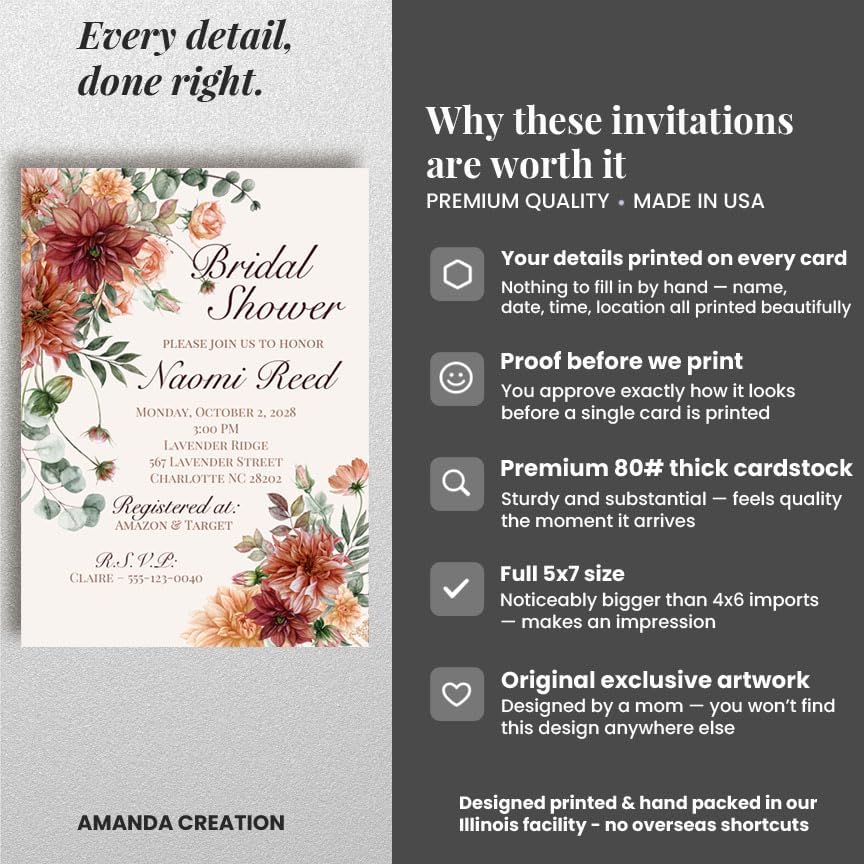 Amanda Creation Fall Bridal Shower Invitations Personalized for Her, 30 5x7 Bridal Shower Invitations with Envelopes, Rustic Burgundy Floral - Image 4