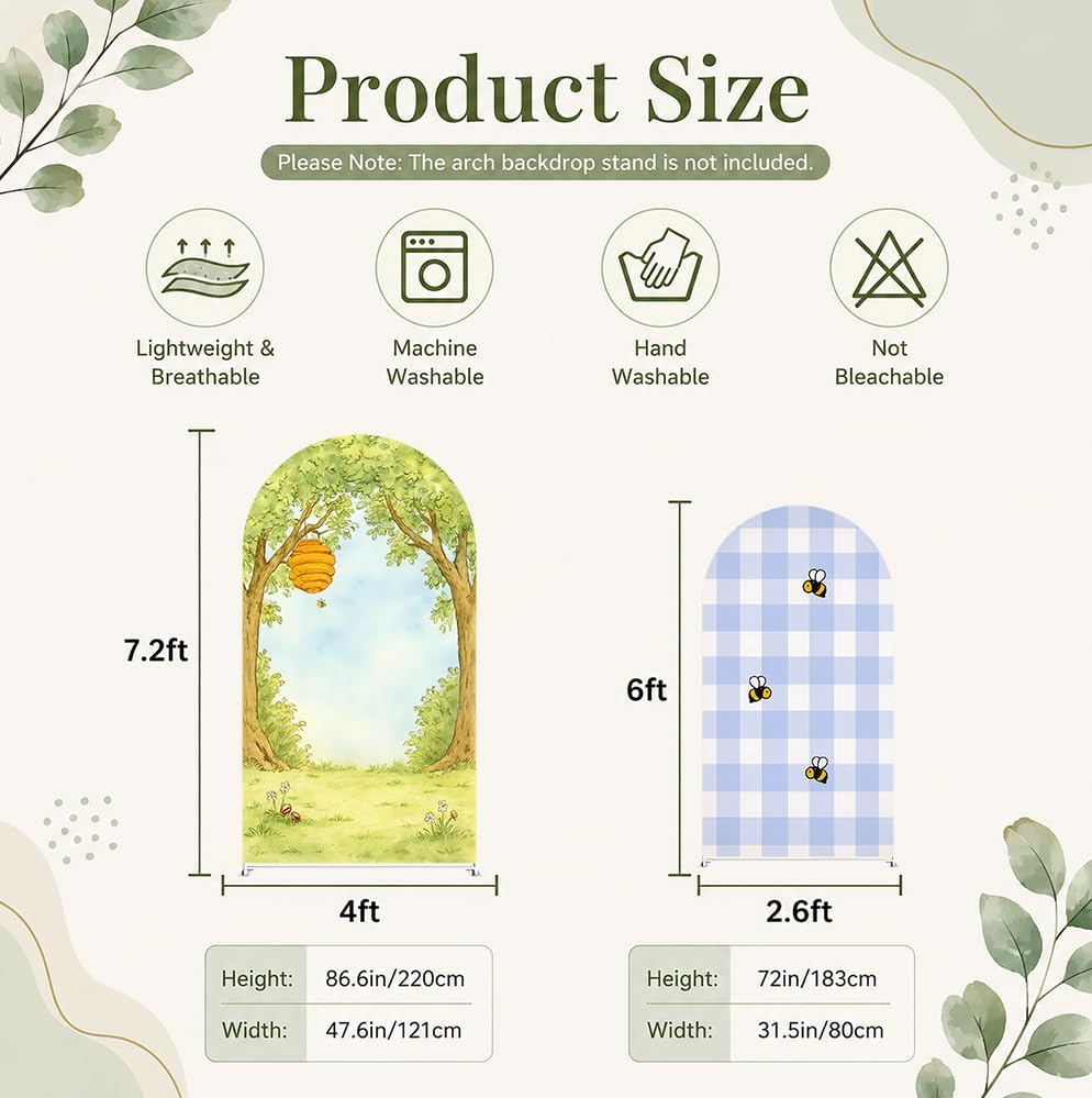 Set of 2 Little Honey Arch Backdrop Cover 2PCS Honey Bee Baby Shower Spandex Arch Covers Blue Gingham Gender Reveal Birthday Party Decoration (Woodland,7.2FT & 6FT) - Image 3