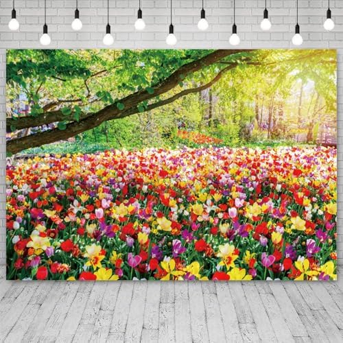 12x8ft Spring Backdrop Blooming Floral Photography Background Colorful Flowers Green Trees National Park Nature Scenery Wedding Banner Decorations Kids Birthday Portrait Photo Booth Prop - Image 3