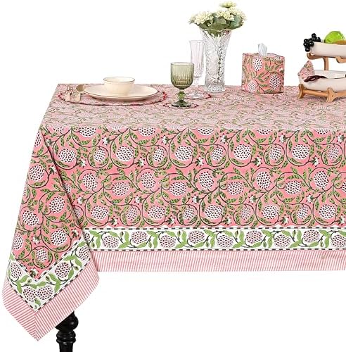 Ridhi Strawberry Pink Hand Block Print Cotton Tablecloth 120 x 60 Inch by Ridhi
