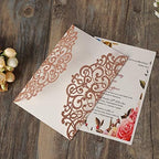 Hosmsua 50PCS Personalized Laser Cut Invitation Cards with Burgundy Bowknot and Envelopes 5.12 x 7.3'' Lace Flora Wedding Invitations for Bridal Shower (Rose Gold, Customized Printed) - Image 5