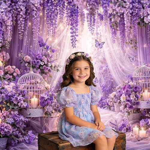 15x10ft Purple Butterfly Floral Backdrop for Photography Butterfly Flowers Girls Party Decorations Background Wedding Birthday Baby Shower Party Cake Table Decor Banner Photo Booth Props - Image 2
