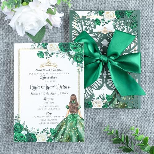 20 PCS 5.12x7.2 Butterfly Personalized Quinceanera Invitation, Customized XV Anos Laser Cut Invitation Cards with Envelopes (Emerald Green Personalized) by FEIYI