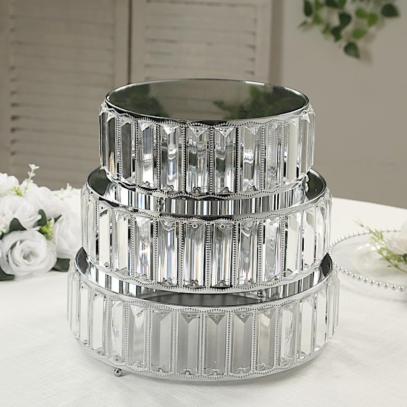 3 Silver Round Stackable Metal Cake Stands with Crystal Pendant and Mirror Top Wedding Birthday Party Display Dessert Riser Pedestal Centerpieces - Image 5