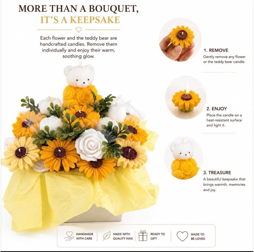 Handmade Sunflower Candle Bouquet with Teddy Bear Candle – Unique Gift for Women, Birthday, Baby Shower, Mother’s Day & Special Occasions - Image 3
