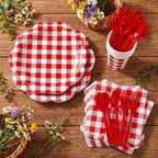 350 PCS Red Gingham Disposable Dinnerware Set, Decagonal Paper Plates 7 & 9 Inch, Napkins, Cups & Cutlery, Checkered Party Supplies for Picnic BBQ Valentine Christmas - Image 3