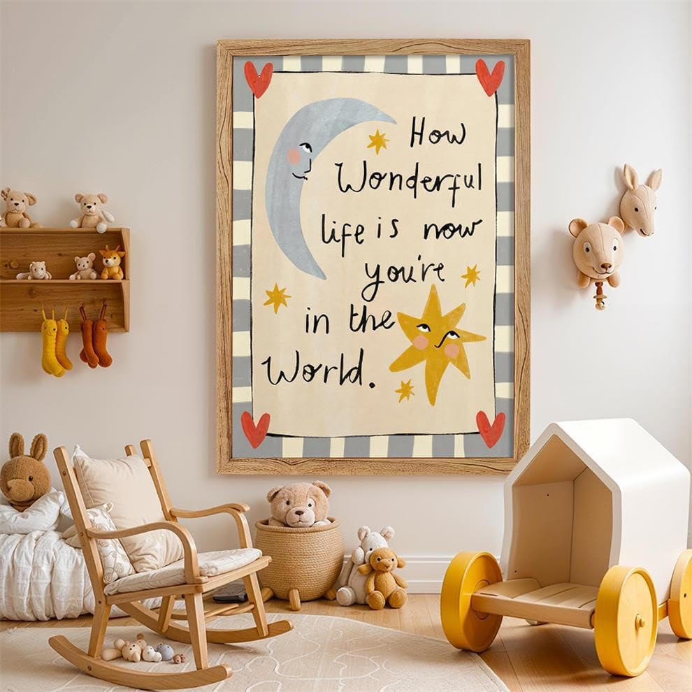 Framed Colorful Kids Quotes Motivational Wall Art 08x10 inch HOW WONDERFUL LIFE IS NOW YOU'RE IN THE WORLD Poster Cute Moon And Stars Canvas Prints Nursery Classroom Wall Decor - Image 4