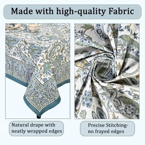 Ridhi Asparagus Blue Paisley Hand Block Print Cotton Rectangle Tablecloth 60x90 inch Reusable Table Cover Decorative Everyday Use for Dining Room, Farmhouse, Home Gift for Spring, Summer - Image 6