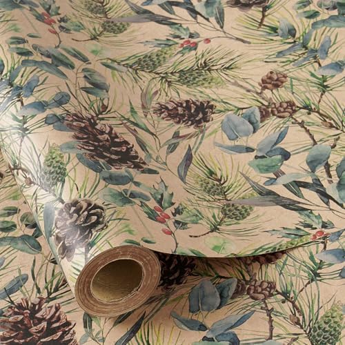 RUSPEPA 30" X 100' Kraft Christmas Wrapping Large Paper Roll, Jumbo Roll, Watercolor Pinecone and Eucalyptus Leaf Design, Kraft Gift Wrap for Christmas, Winter Holiday Party, Rustic Natural Theme by RUSPEPA