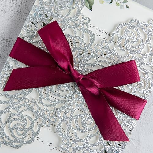 ponatia 25PCS Silver Glitter Wedding Invitations Cards Laser Cut Hollow Rose With Burgundy Ribbon For Bridal Shower Engagement Birthday Graduation Invite - Image 6