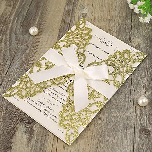 Hosmsua 50PCS Personalized Gold Glitter Laser Cut Flora Lace Wedding Invitations with Bowknot & Envelopes 5.12 x 7.3'' Bridal Shower Engagement Birthday Quincenera Invitation (Gold Glitter) - Image 4