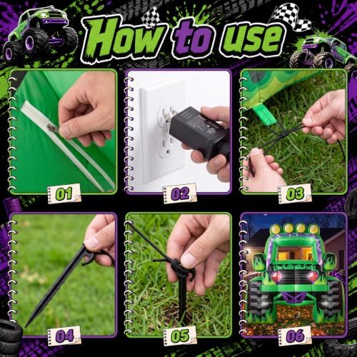 Junkin 6 x 5 FT Monster Truck Inflatable Photo Booth Frame with LED Lights, Giant Racing Truck Photo Prop, Birthday Party Decorations, Baby Shower Decor, Racing Theme Party Supplies (Lightning,Green) - Image 4