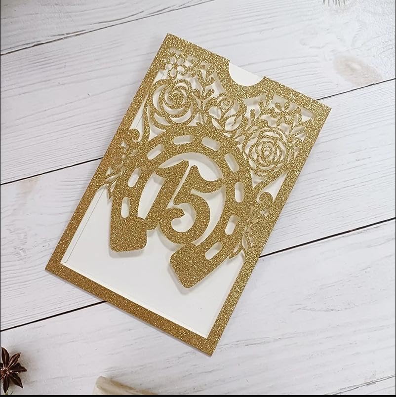 50Sets Glitter Gold Quinceanera Invitation Sweet Fifteen Party Invitation Glitter Horse DIY Laser Cut Western Wedding Cards With Blank Insert Envelope - Image 3