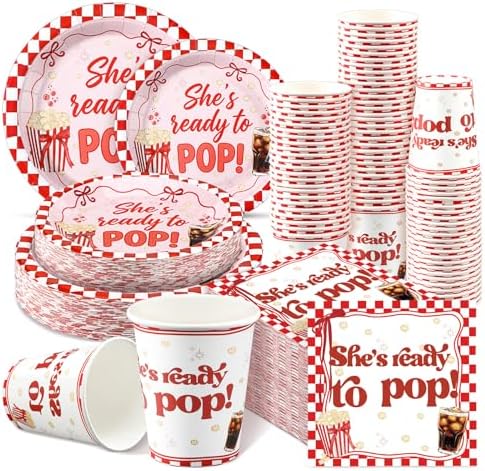 FoldTier 250 Pcs She's Ready to Pop Baby Shower Decorations Paper Plates and Napkins Cups Red and White Tableware Set for 50 Guests Disposable for Baby Shower Gender Reveal Birthday Party Supplies by FoldTier