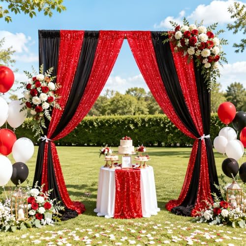 Birthday Backdrop Curtain 10ftx10ft - Red Sequin and Black Satin Drapes - Image 5