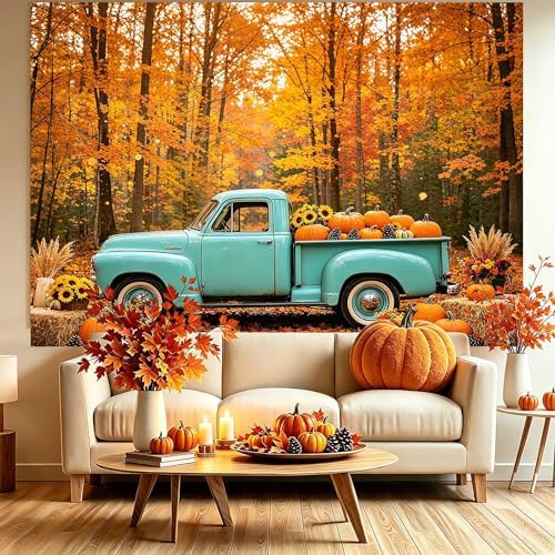 Fall Forest Backdrop Fall Vintage Blue Truck with Pumpkin Backdrop 9x6FT - Image 3