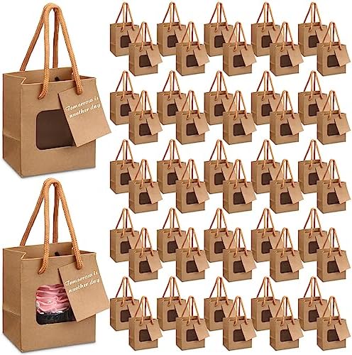 50 Pcs 4 x 2.75 x 4.5 in Brown Kraft Paper Gift Bags with Window & Handles by Fuutreo
