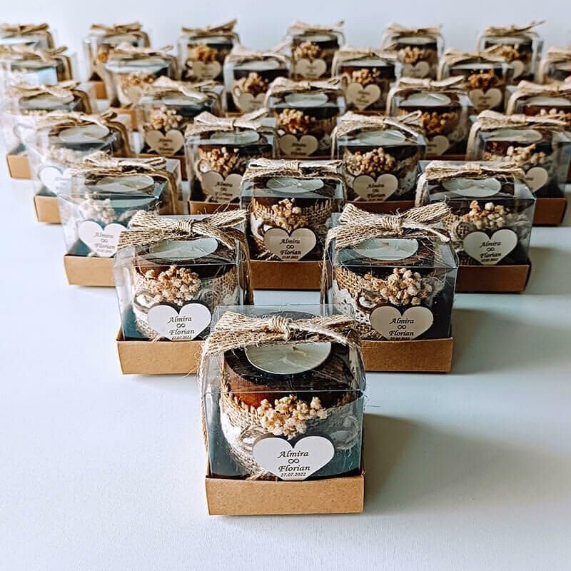 150 PCS Rustic Candle Wedding Favors, Burlap Bow, Baby’s Breath Flowers, Personalized Heart Tag, Clear Box Packaging, Bridal Shower Guest Gifts - Image 5