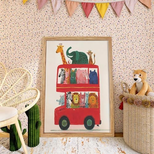 Framed Cute Colorful Animal Canvas Wall Art Modern Funny Kids Posters Safari Animals On Red Bus Scene Prints For Toddler Bedroom Nursery Wall Decor 24x36 inch - Image 3
